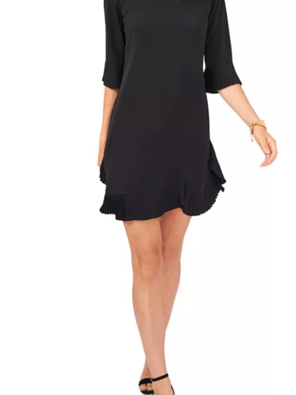 Msk Petite Pleated-Trim Shift Dress - Black Size 4P NWT